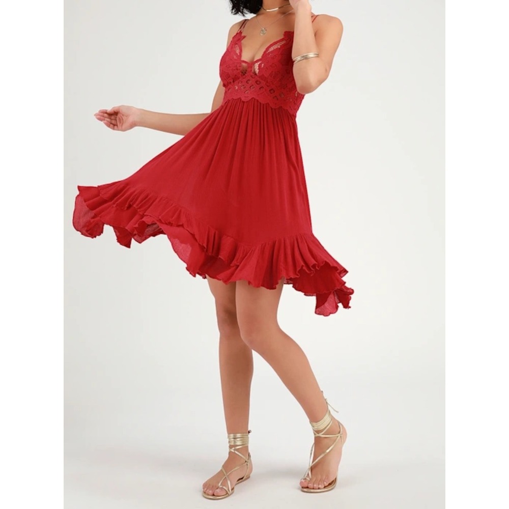 Free People Adella Slip Dress S Red Lace Ruffle Mini Handkerchief Boho Romantic